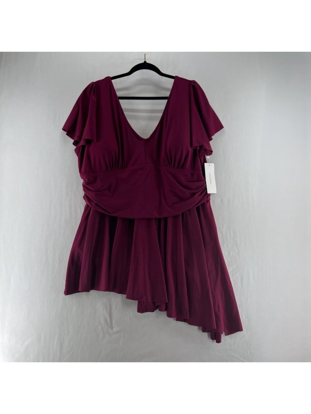 BloomChic Ruffle Asymmetric Swim Dress Womens Sz 26 Ruched Flutter Sleeve Purple